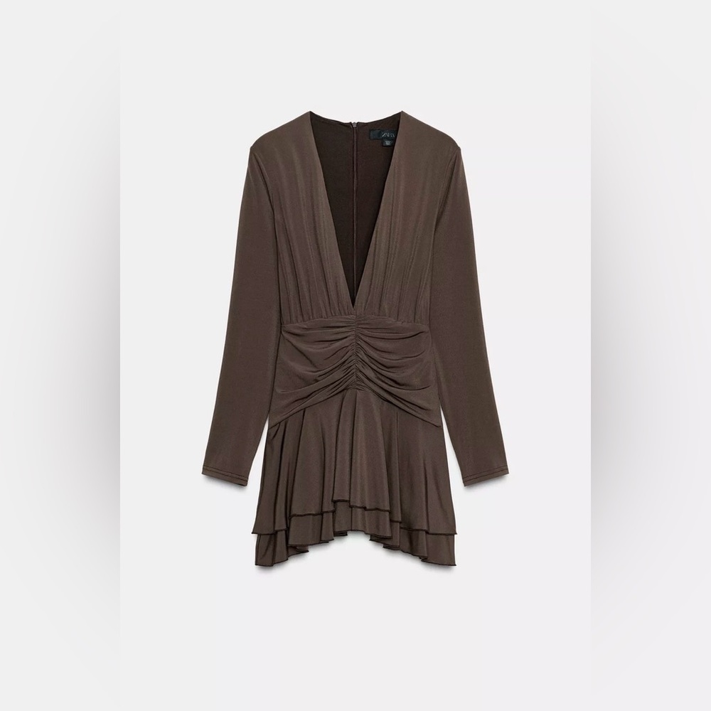 Zara Brown Long-Sleeve V-Neck Draped Jumpsuit
